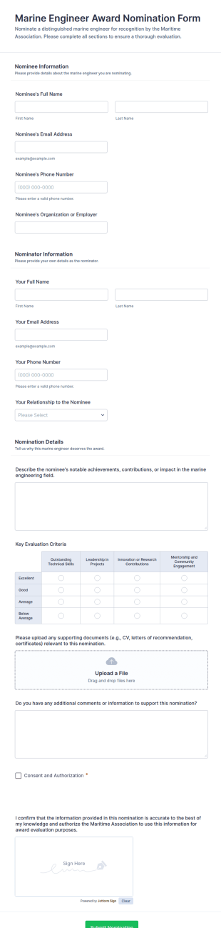 Marine Engineer Award Nomination Form Template