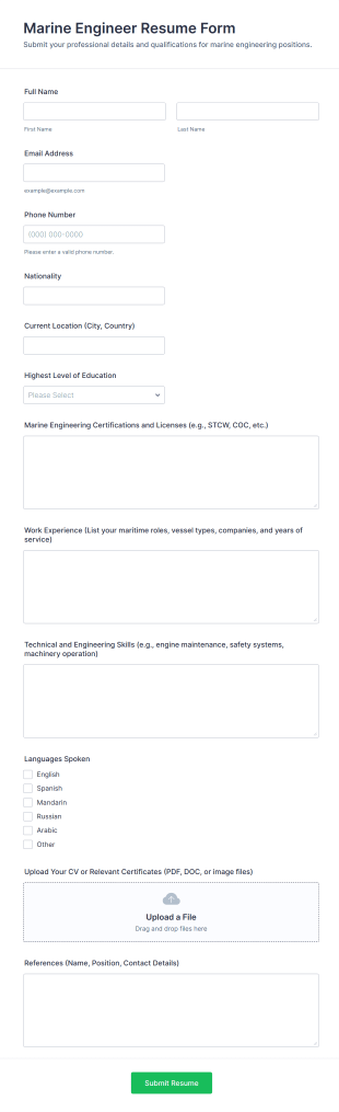 Marine Engineer Resume Form Template