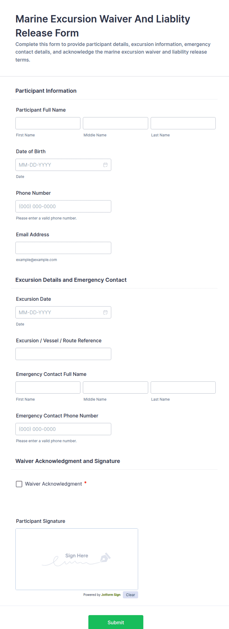 Marine Excursion Waiver and Liability Release Form Template | Jotform