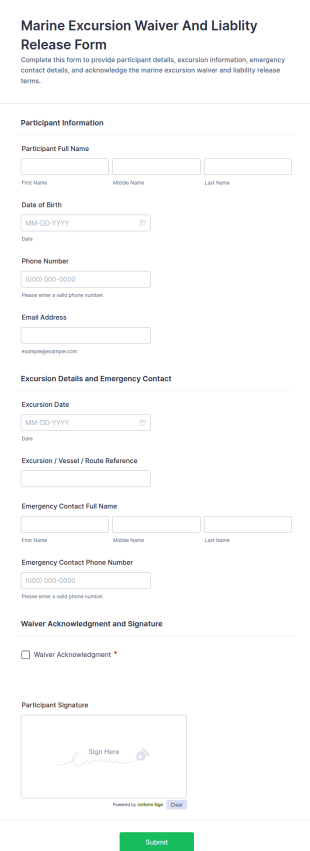 Marine Excursion Waiver And Liability Release Form Template