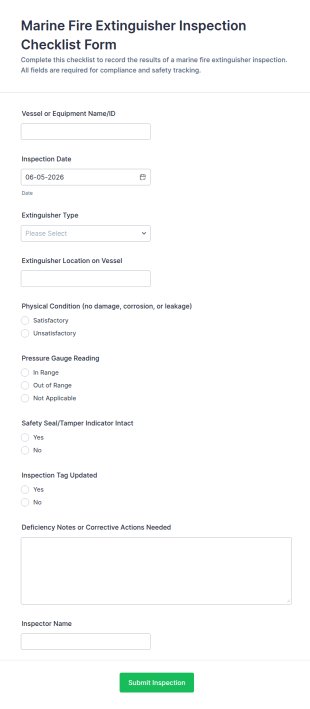 Marine Fire Extinguisher Inspection Checklist Form Template