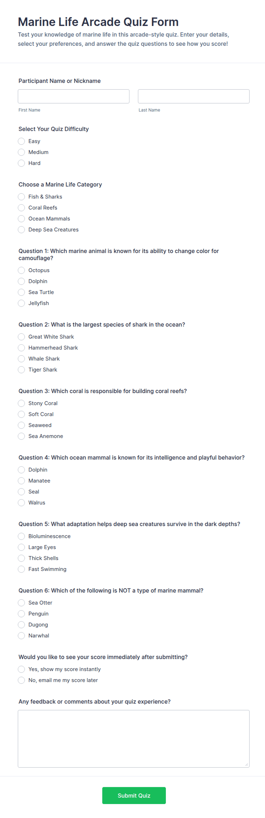 Marine Life Arcade Quiz Form Template | Jotform
