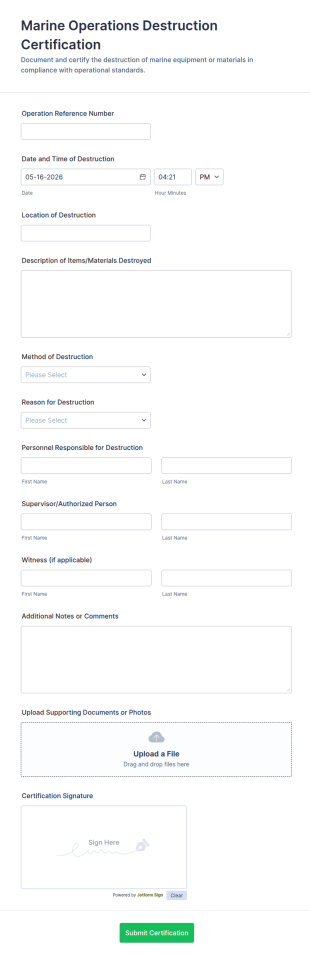 Marine Operations Destruction Certification Form Template