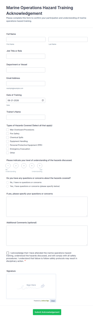 Marine Operations Hazard Training Acknowledgement Form Template