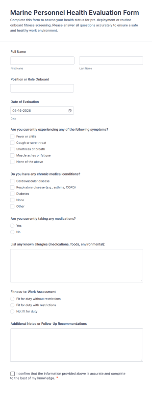 Marine Personnel Health Evaluation Form Template