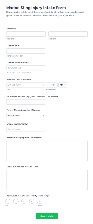 Marine Sting Injury Intake Form Template