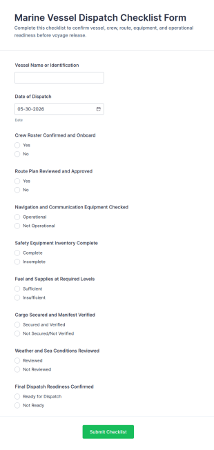 Marine Vessel Dispatch Checklist Form Template