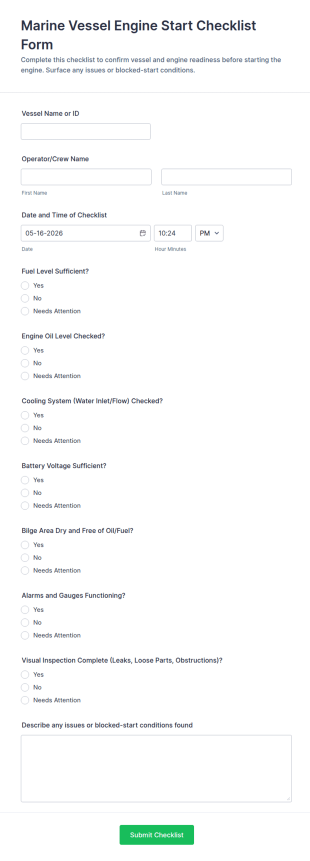 Marine Vessel Engine Start Checklist Form Template