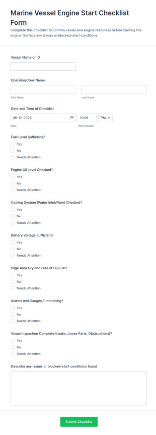 Marine Vessel Engine Start Checklist Form Template
