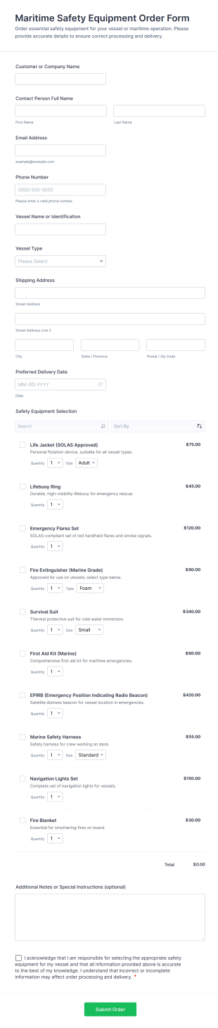 Maritime Safety Equipment Order Form Template