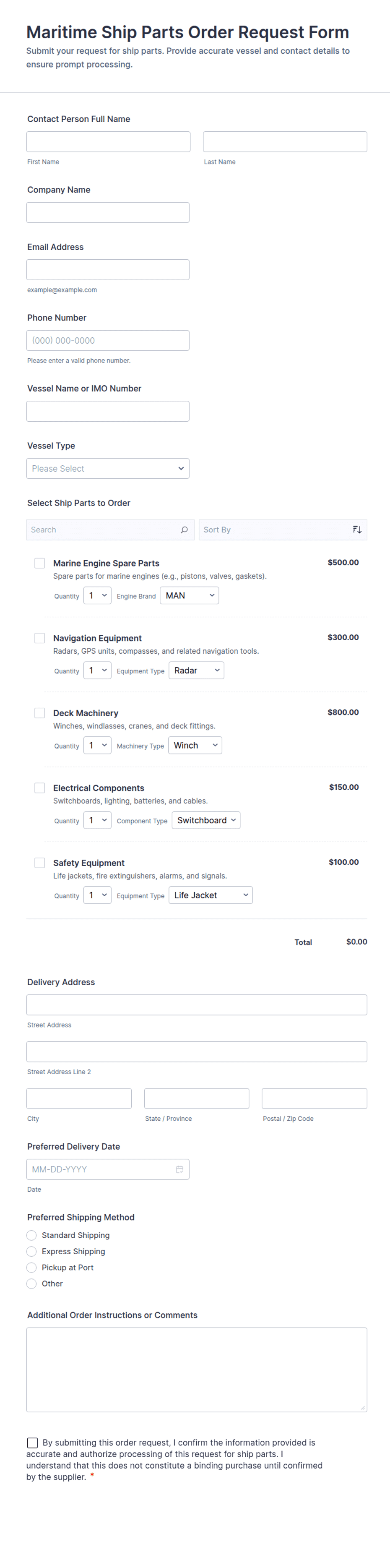 Maritime Ship Parts Order Request Form Template | Jotform