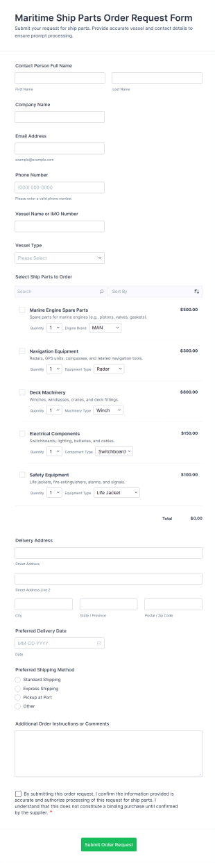 Maritime Ship Parts Order Request Form Form Template