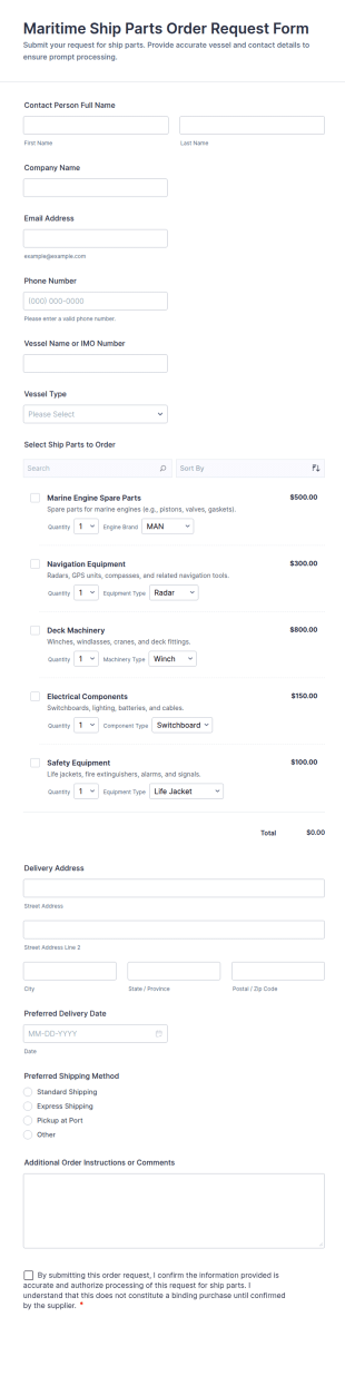 Maritime Ship Parts Order Request Form Template