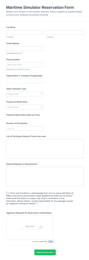 Maritime Simulator Reservation Form Template