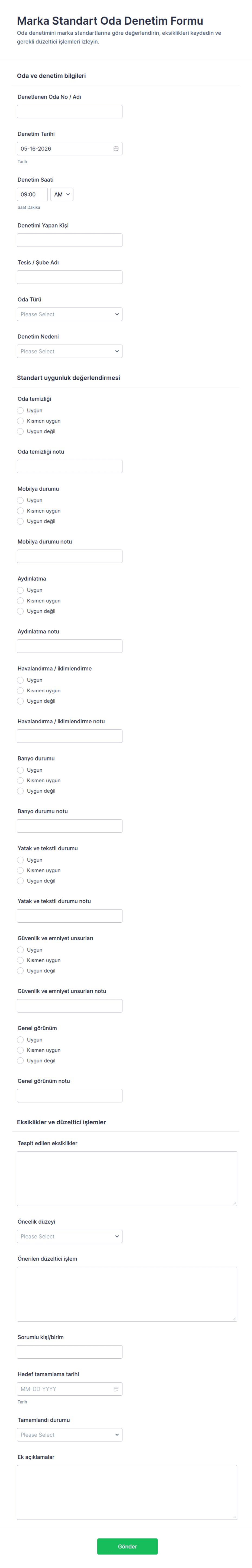 Marka Standart Oda Denetim Form Şablonu | Jotform