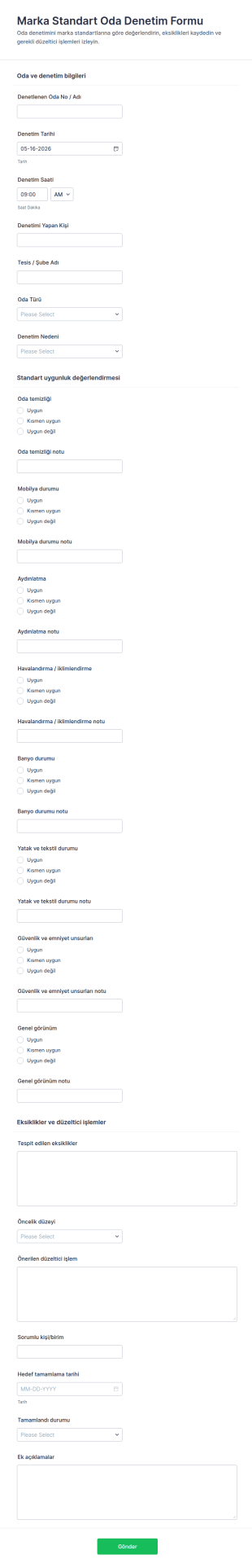 Marka Standart Oda Denetim Form Şablonu
