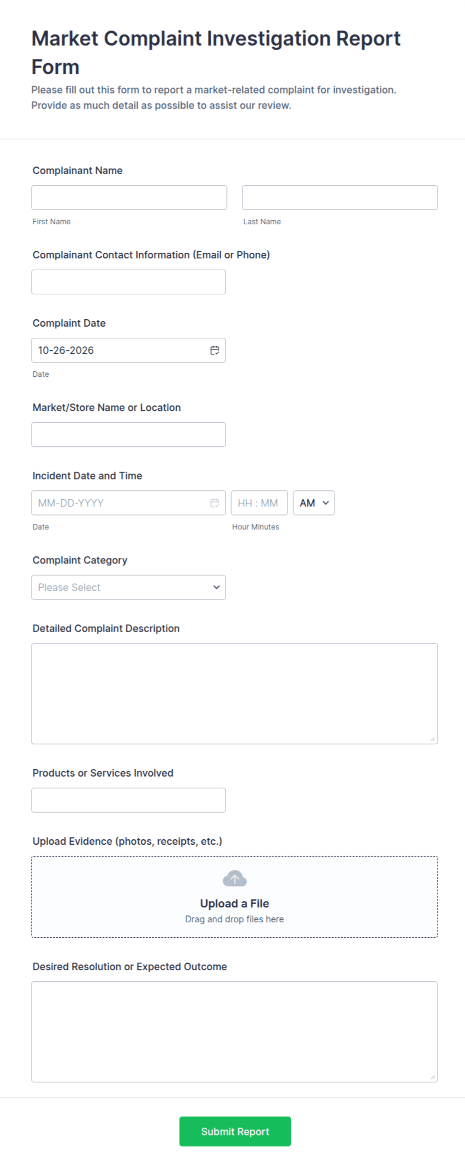 Mircrosoft Forms Report Examples Market Complaint Investigation Report Form Template | Jotform