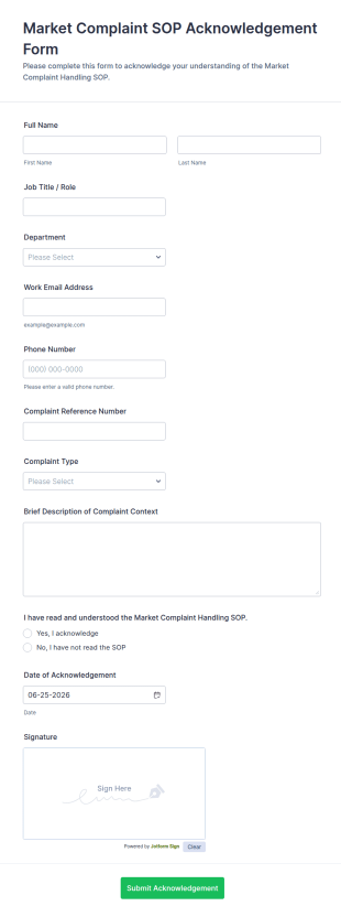 Market Complaint SOP Acknowledgement Form Template