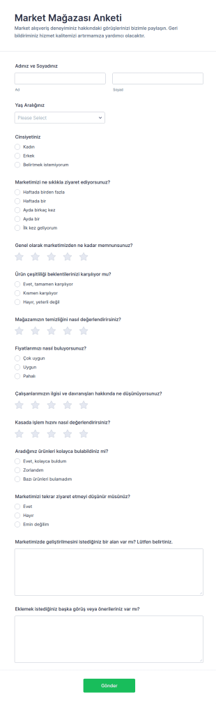 Market Mağazası Anket Form Şablonu