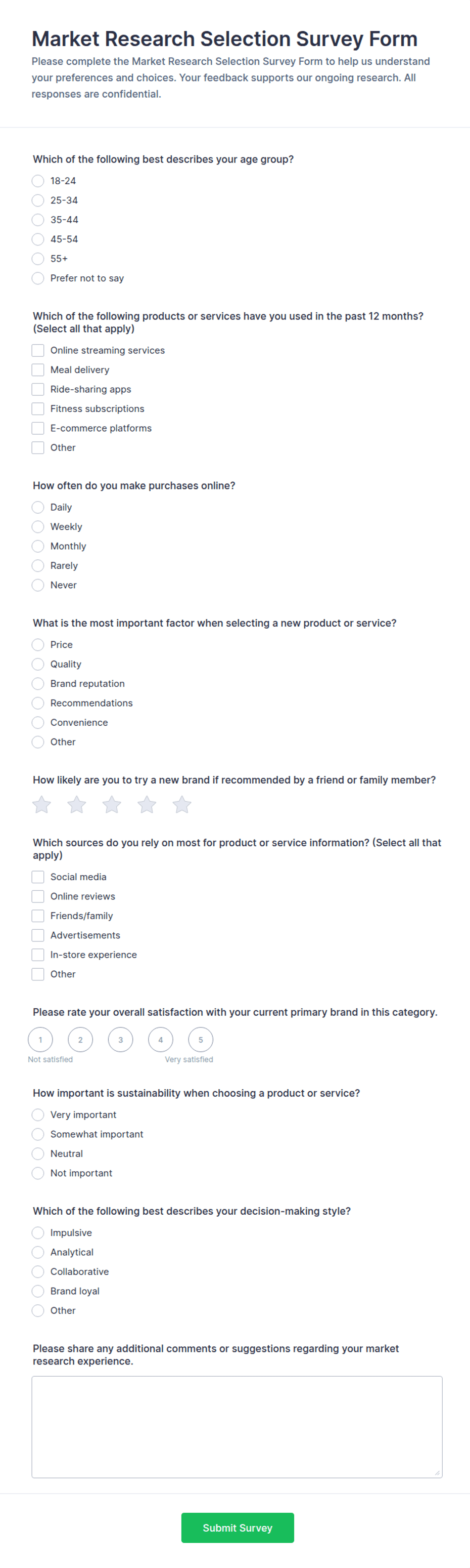 Market Research Selection Survey Form Template | Jotform