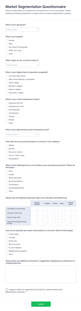 Market Segmentation Questionnaire Form Template