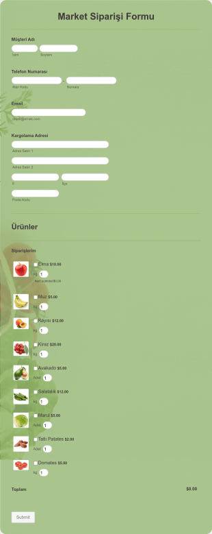 Market Siparişi Form Template