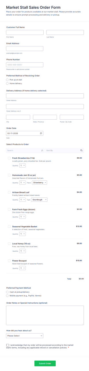 Market Stall Sales Order Form Template