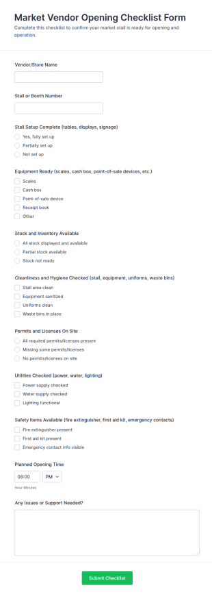 Market Vendor Opening Checklist Form Template