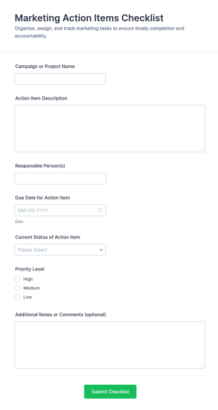 Marketing Action Items Checklist Form Template