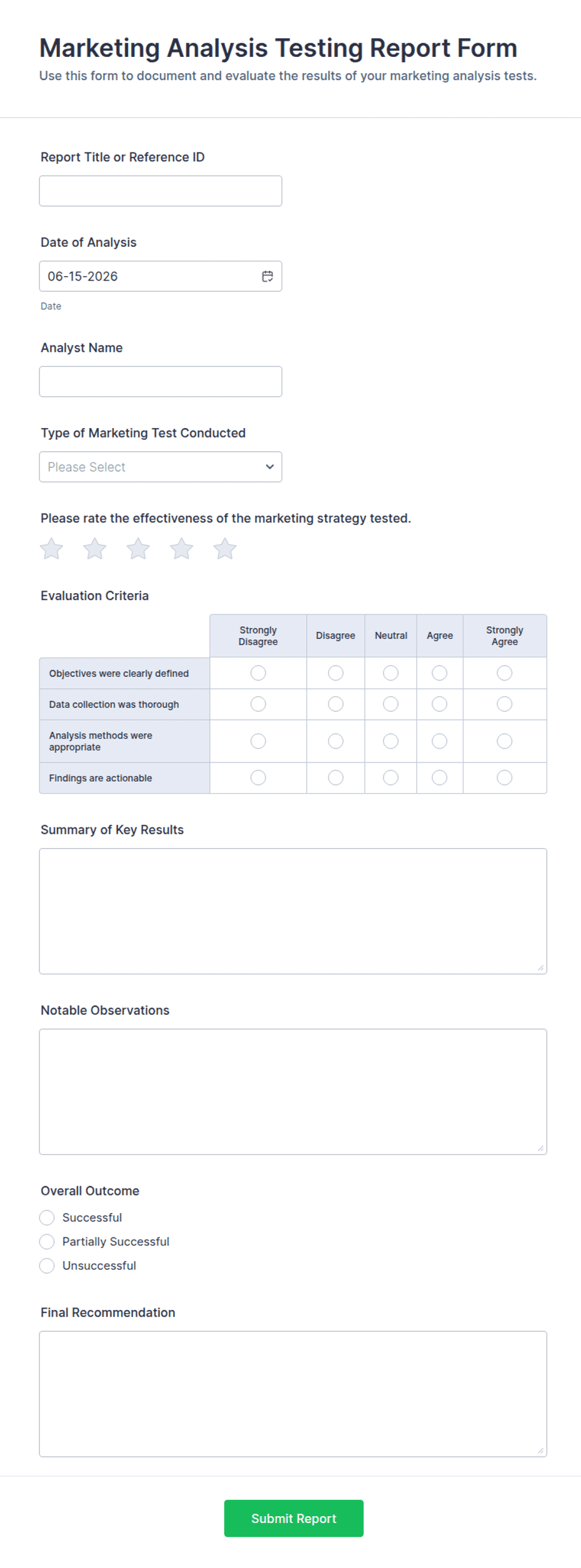 Marketing Analysis Testing Report Form Template | Jotform