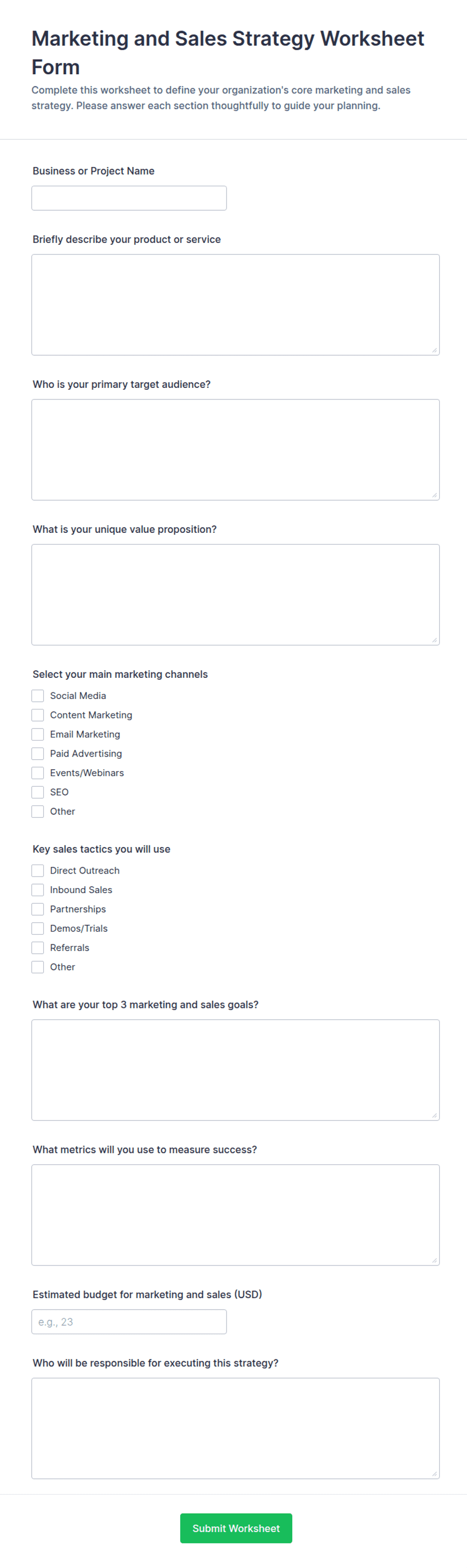 Marketing strategy worksheet for business planning.