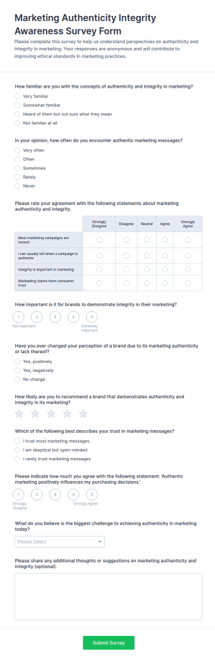Marketing Authenticity Integrity Awareness Survey Form Template