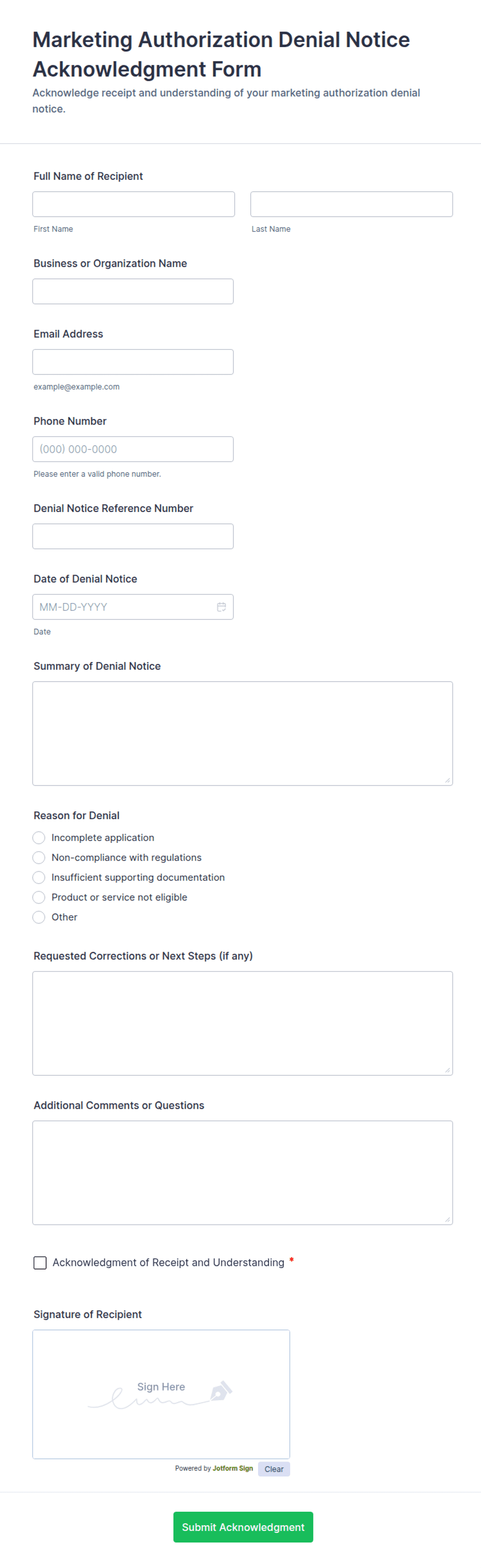 Marketing Authorization Denial Notice Acknowledgment Form Template ...