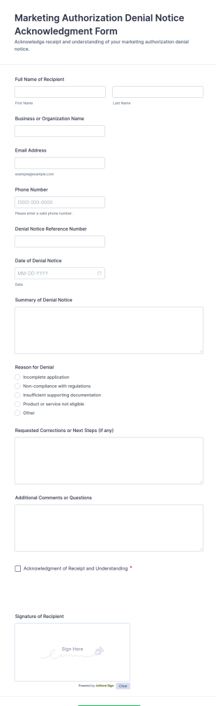 Marketing Authorization Denial Notice Acknowledgment Form Template