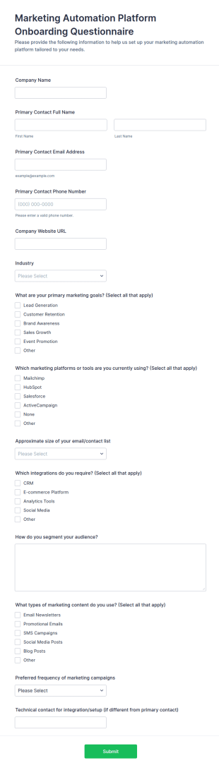 Marketing Automation Platform Onboarding Questionnaire Form Template