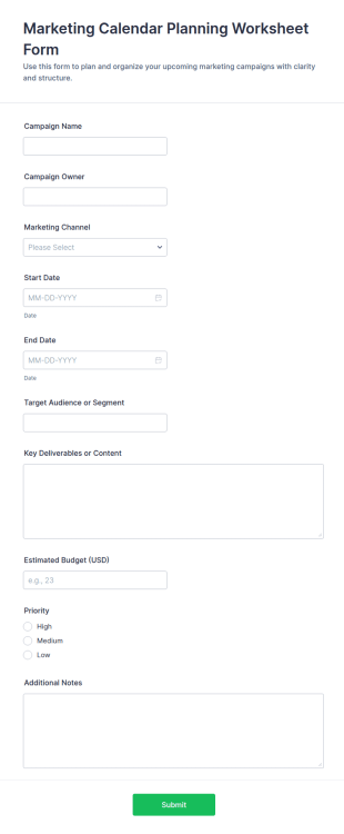 Marketing Calendar Planning Worksheet Form Template