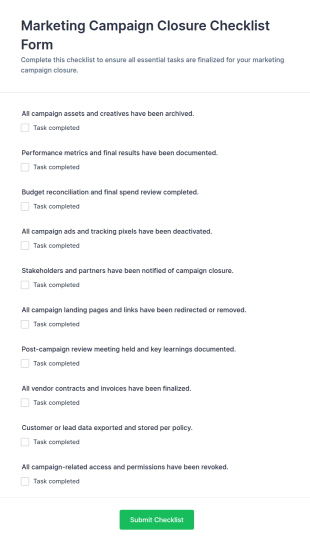 Marketing Campaign Closure Checklist Form Template