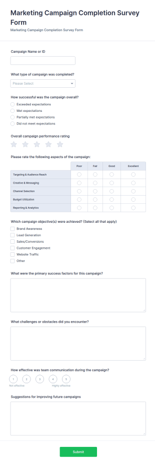 Marketing Campaign Completion Survey Form Template
