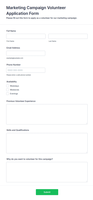 Marketing Campaign Volunteer Application Form Template