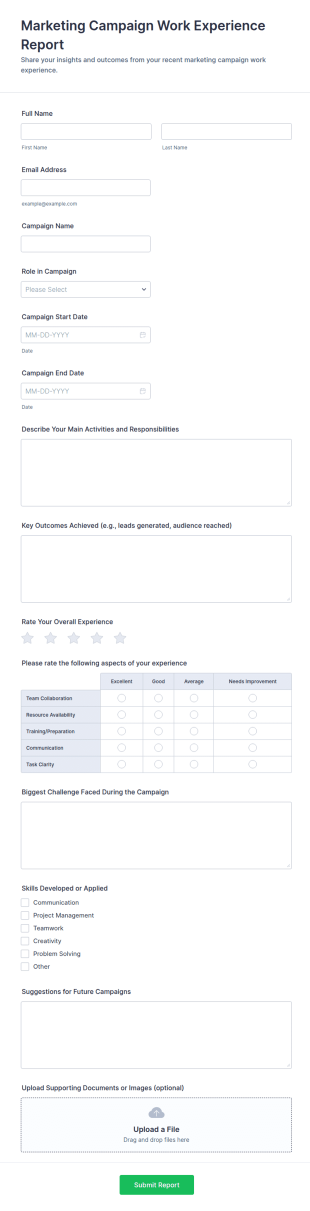 Marketing Campaign Work Experience Report Form Template