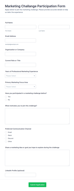 Marketing Challenge Participation Form Template
