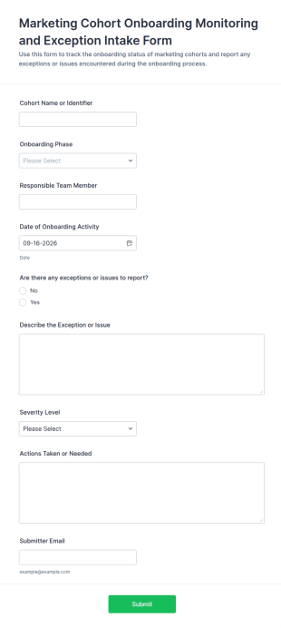 Marketing Cohort Onboarding Monitoring And Exception Intake Form Template
