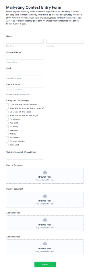 Marketing Contest Entry Form Template