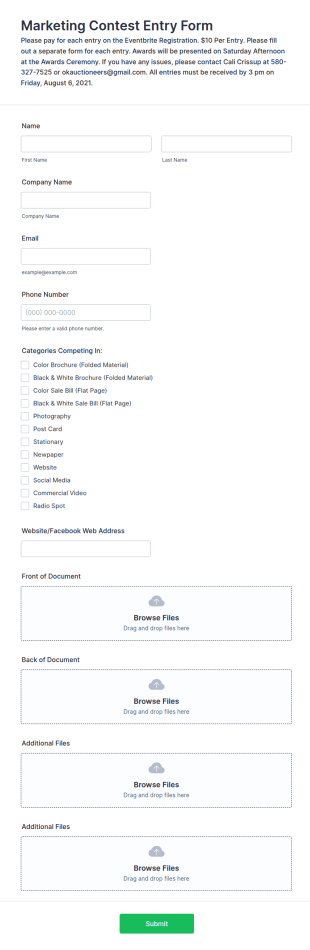 Marketing Contest Entry Form Template