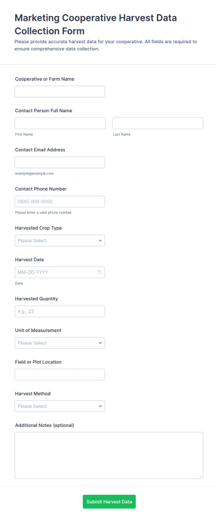 Marketing Cooperative Harvest Data Collection Form Template