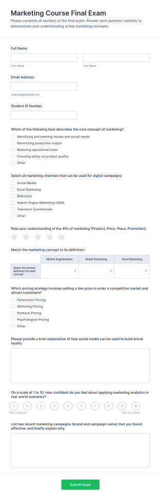 Marketing Course Final Exam Form Template