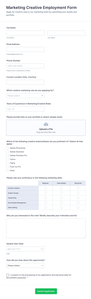 Marketing Creative Employment Form Template