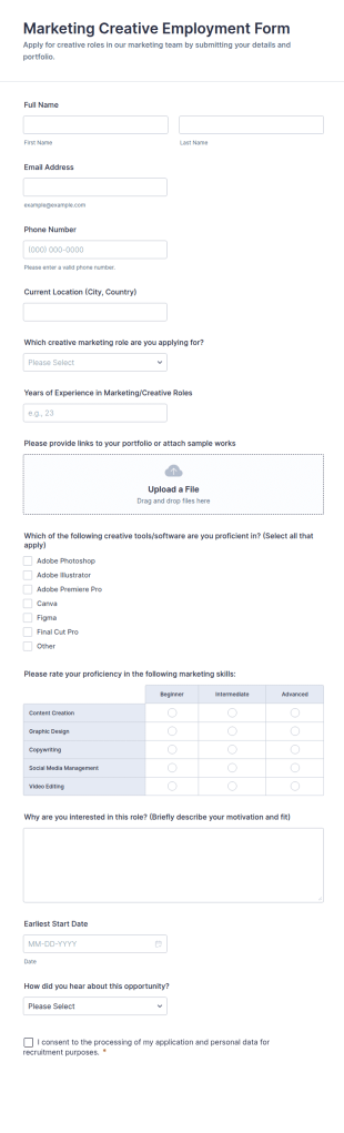Marketing Creative Employment Form Template