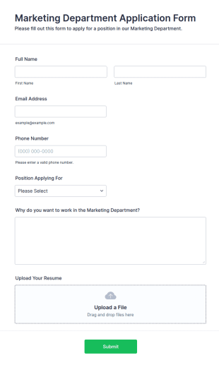 Marketing Department Application Form Template