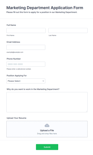 Marketing Department Application Form Form Template